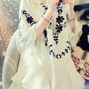 [gh10038]floral Embroidery Long Sleeve Loose..