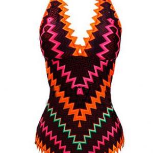 [gh10125]vibrant Printed Low-cut V Neck One Piece..