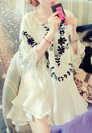 [gh10038]floral Embroidery Long Sleeve Loose Pleated Lace Dress