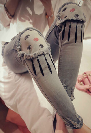 [gh10091]eye Print Patch Distressed Skinny Denim Jeans Pants