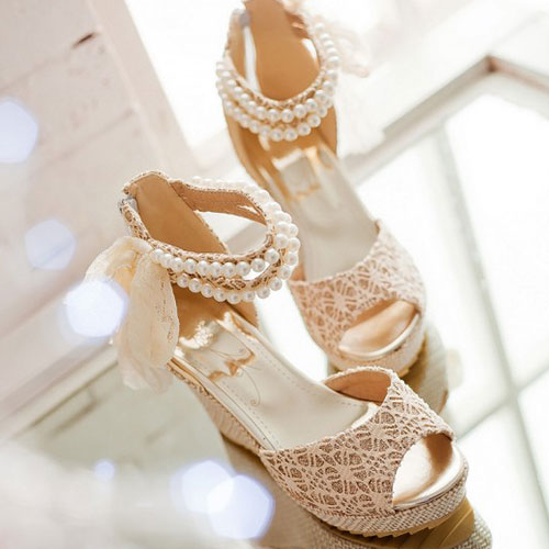 [gh10097]beaded Ankle Strap Lace Bowknot High Wedge Heel Sandal on Luulla