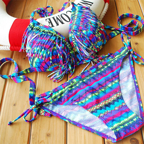 [gh10124]tribal Print Tassels Triangle Bra And Panty Bikini Swimsuit