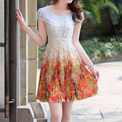 [gh10130]Multicolor Print Crochet Lace Cap Sleeve Pleated Dress on Luulla