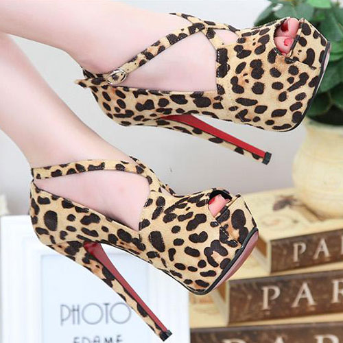 [gh10134]leopard Print Peep-toe Ultra High Stiletto Heel Platform Sandal