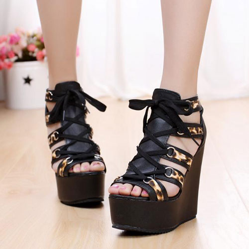 [gh10135]leopard Print Laced High Wedge Heel Platform Sandal
