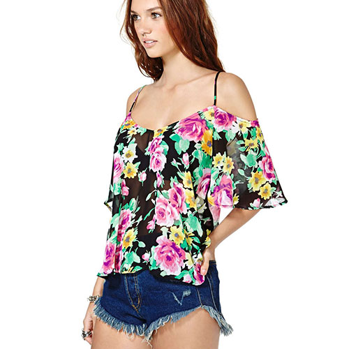 [gh10140]Floral Print Sheer Loose Backless Blouse Tank Top on Luulla