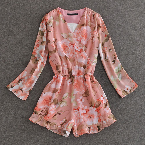 [gh10144]Floral Print Long Sleeve Low-cut V Neck Shorts Jumpsuit on Luulla