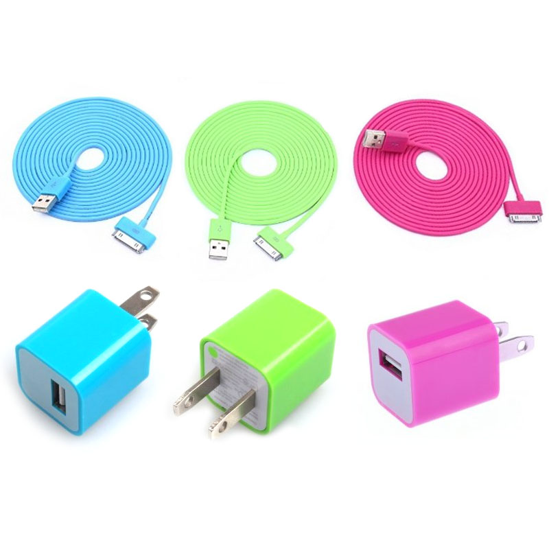 Total 6pcs/lot! Cool Colourful 3pcs Usb Cable Cord And 3pcs Usb Power Adapter Wall Charger For Iphone 4/4s