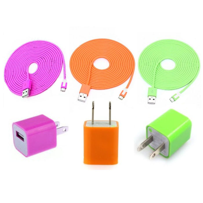 Total 6pcs/lot! Colourful 3pcs Usb Data Sync Charging Cable Cord And 3pcs Usb Power Adapter Wall Charger For Iphone 5