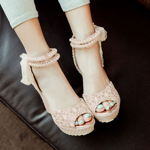 [gh10097]beaded Ankle Strap Lace Bowknot High Wedge Heel Sandal on Luulla
