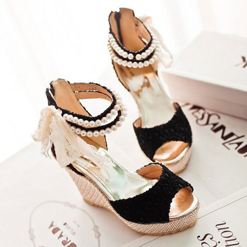 [gh10097]beaded Ankle Strap Lace Bowknot High Wedge Heel Sandal On Luulla